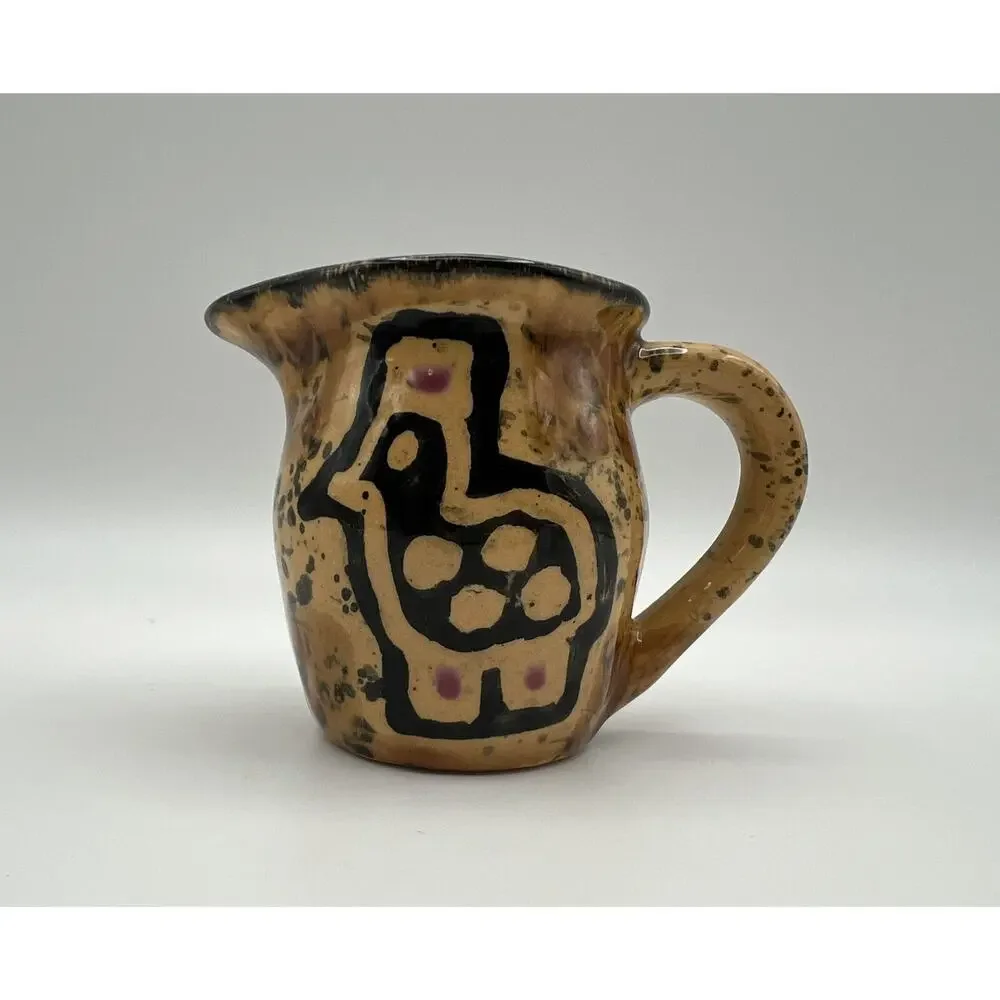 Kazuri Kenya Handmade Art Pottery Small Tan & Black Creamer Pitcher 3” Signed